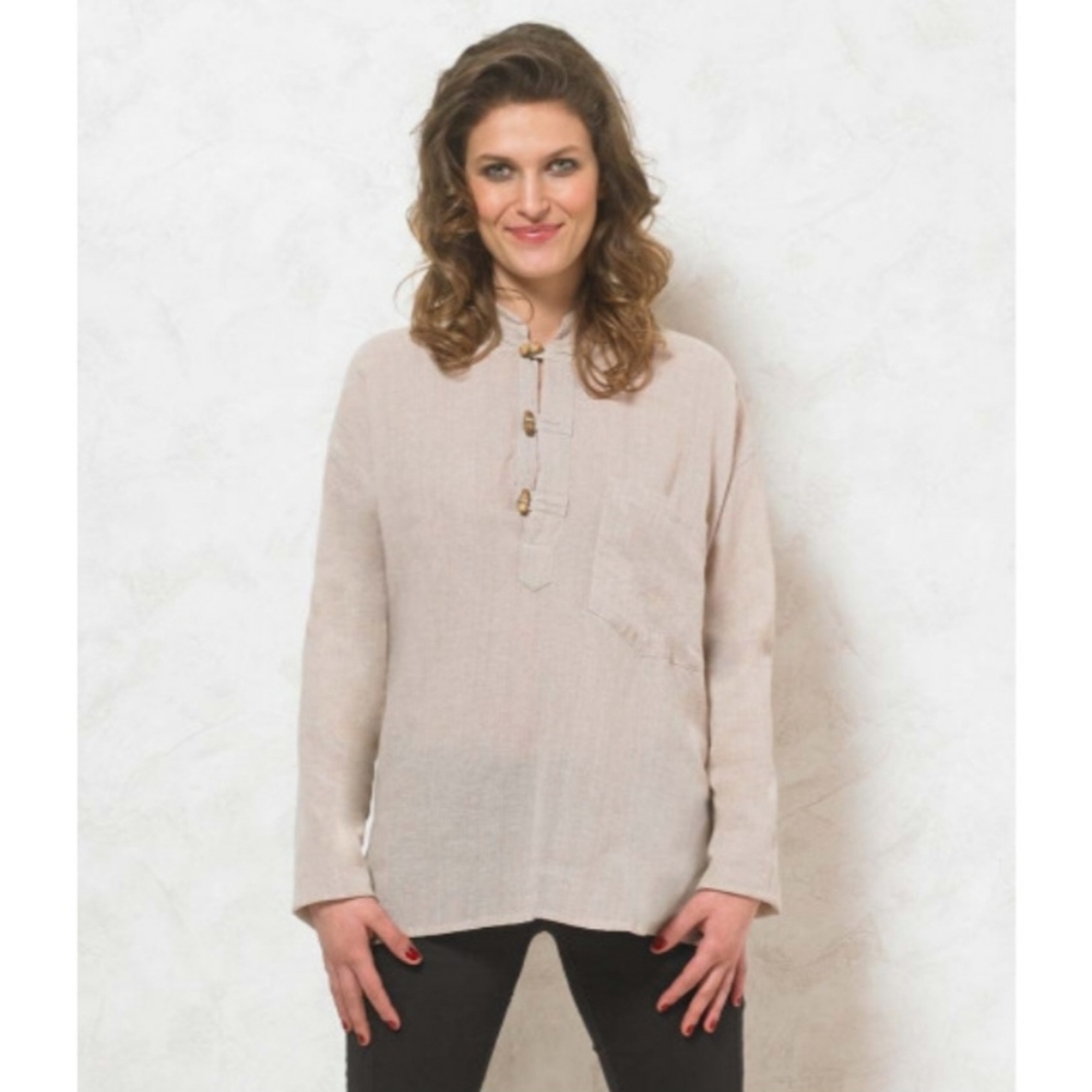 Coline Unisex Tan Cotton Long Sleeve Lightweight Shirt Size Medium Pocket Nepal.